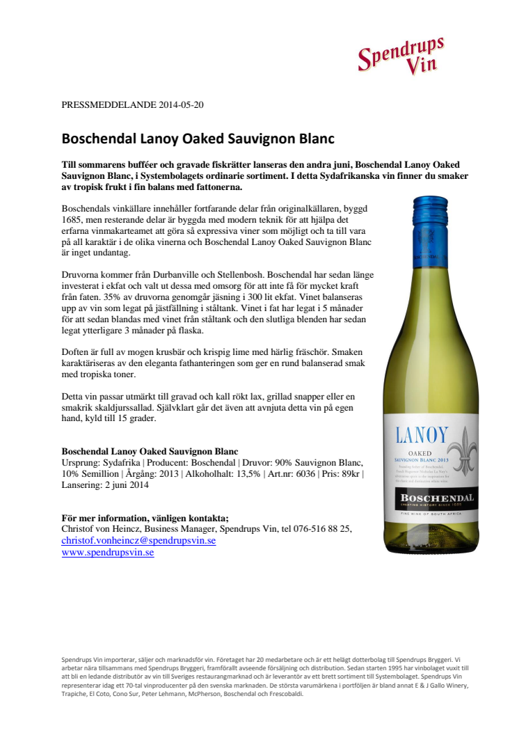 Nyhet på Systembolaget Boschendal Lanoy Oaked Sauvignon Blanc