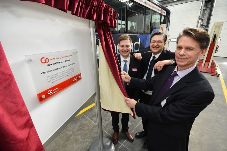 Martijn Gilbert (MD at Go North East), Cllr Simon Henig (Leader of Durham County Council) and David Brown (Group Chief Executive of Go-Ahead Group)