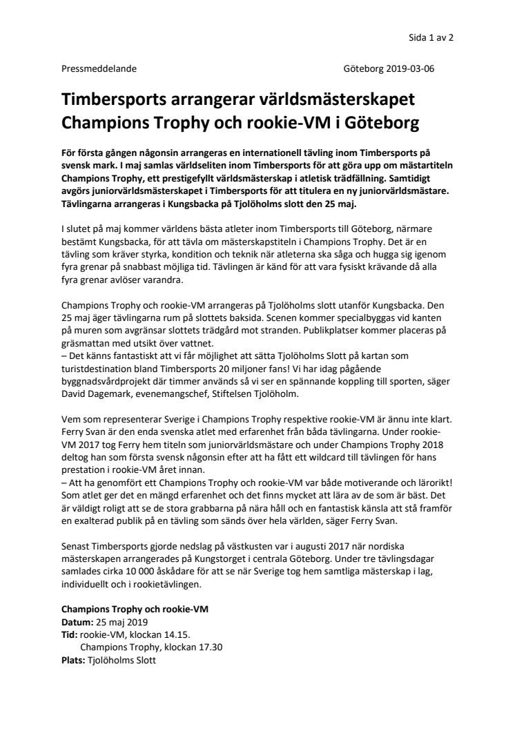 Timbersports arrangerar Champions Trophy och rookie-VM i Göteborg