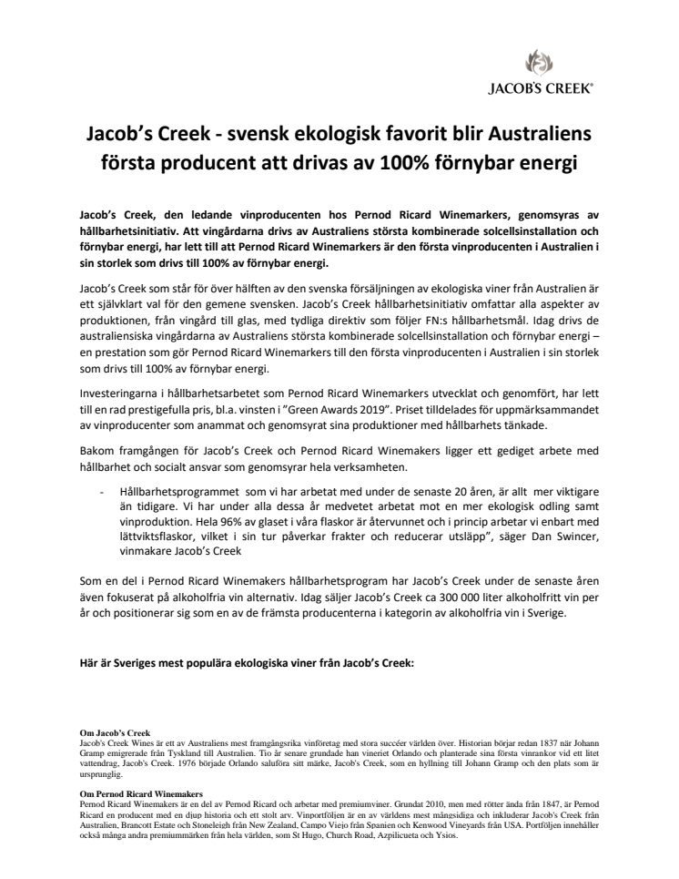 Jacob’s Creek - svensk ekologisk favorit blir Australiens första producent att drivas av 100% förnybar energi
