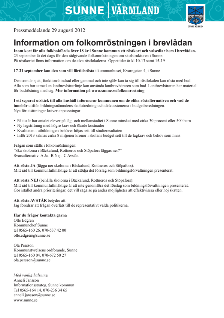 Information om folkomröstningen i Sunne i brevlådan