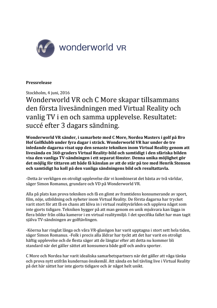 Wonderworld VR sänder unik virtual reality ihop med C More
