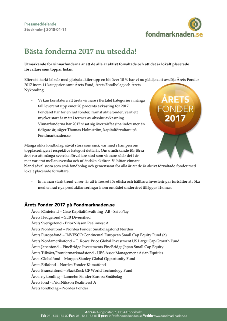 Bästa fonderna 2017 nu utsedda!