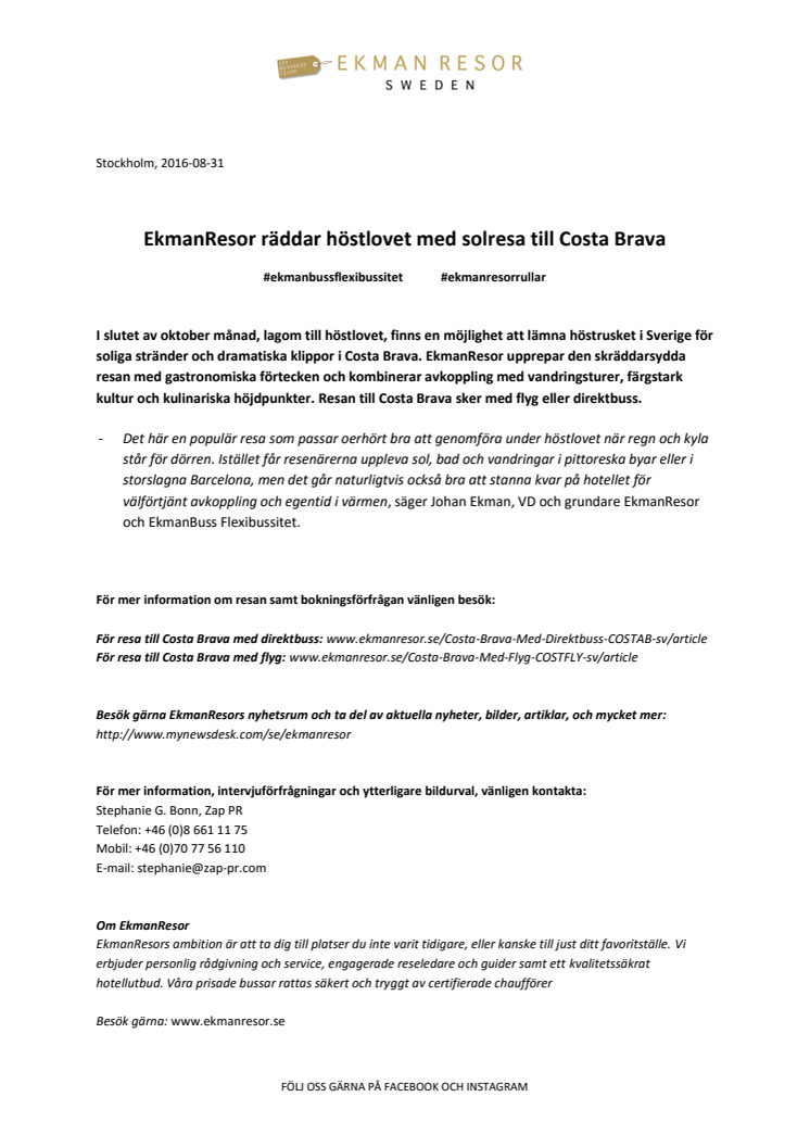 EkmanResor räddar höstlovet med solresa till Costa Brava
