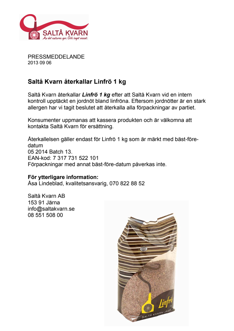 Saltå Kvarn återkallar Linfrö 1 kg