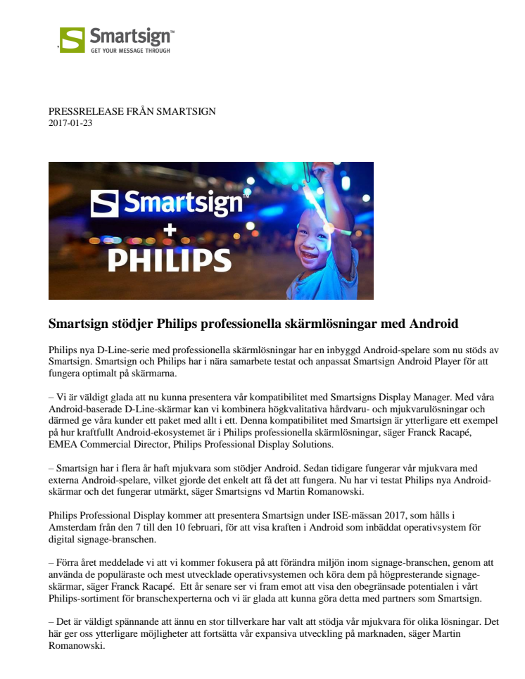 Smartsign stödjer Philips professionella skärmlösningar med Android