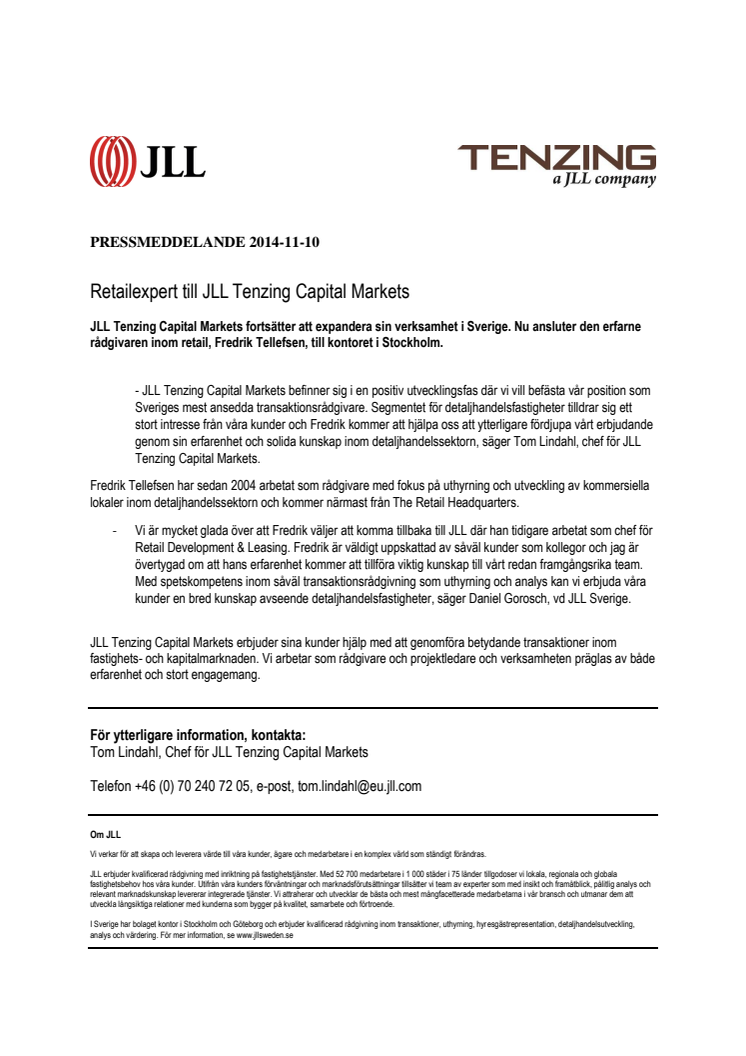  Retailexpert till JLL Tenzing Capital Markets