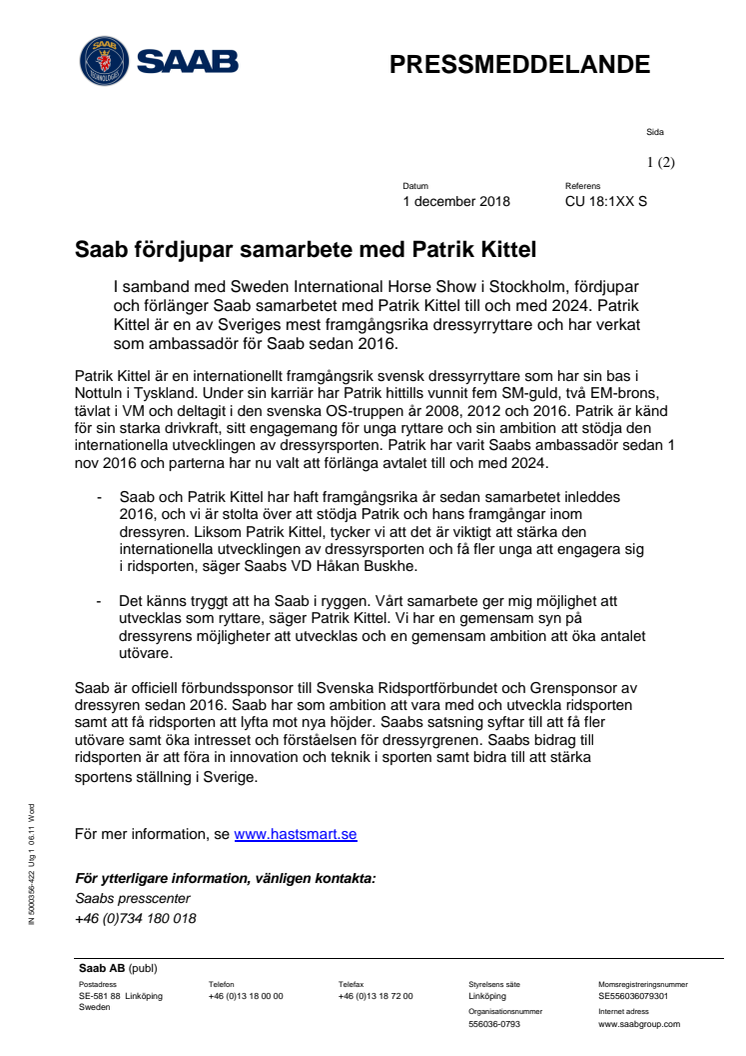 Saab fördjupar samarbete med Patrik Kittel