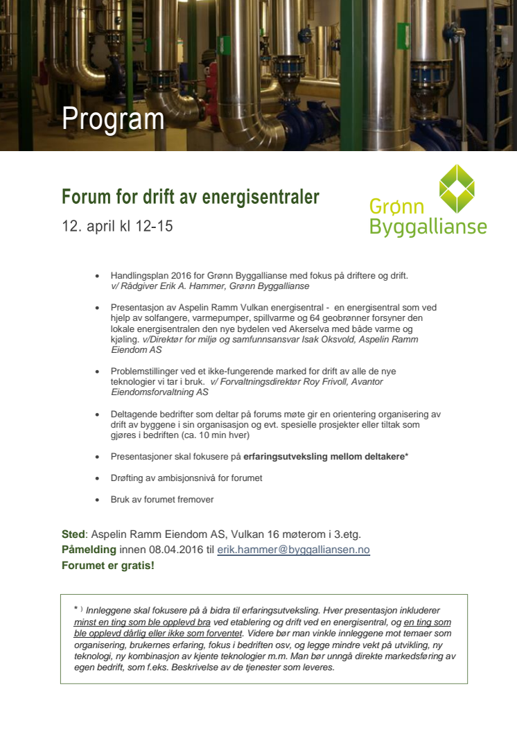 Forum for drift av energisentraler - Program 12. april 2016