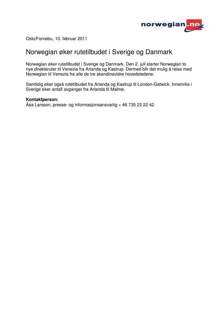 Norwegian øker rutetilbudet i Sverige og Danmark