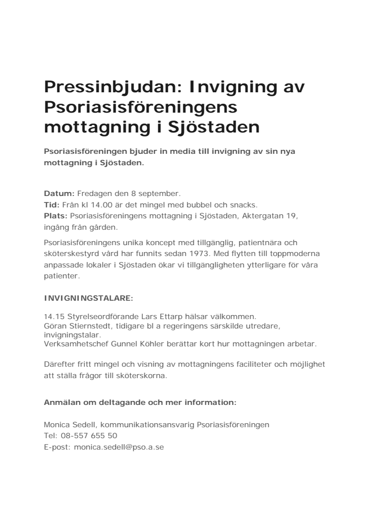Pressinbjudan: Invigning av Psoriasisföreningens mottagning i Sjöstaden