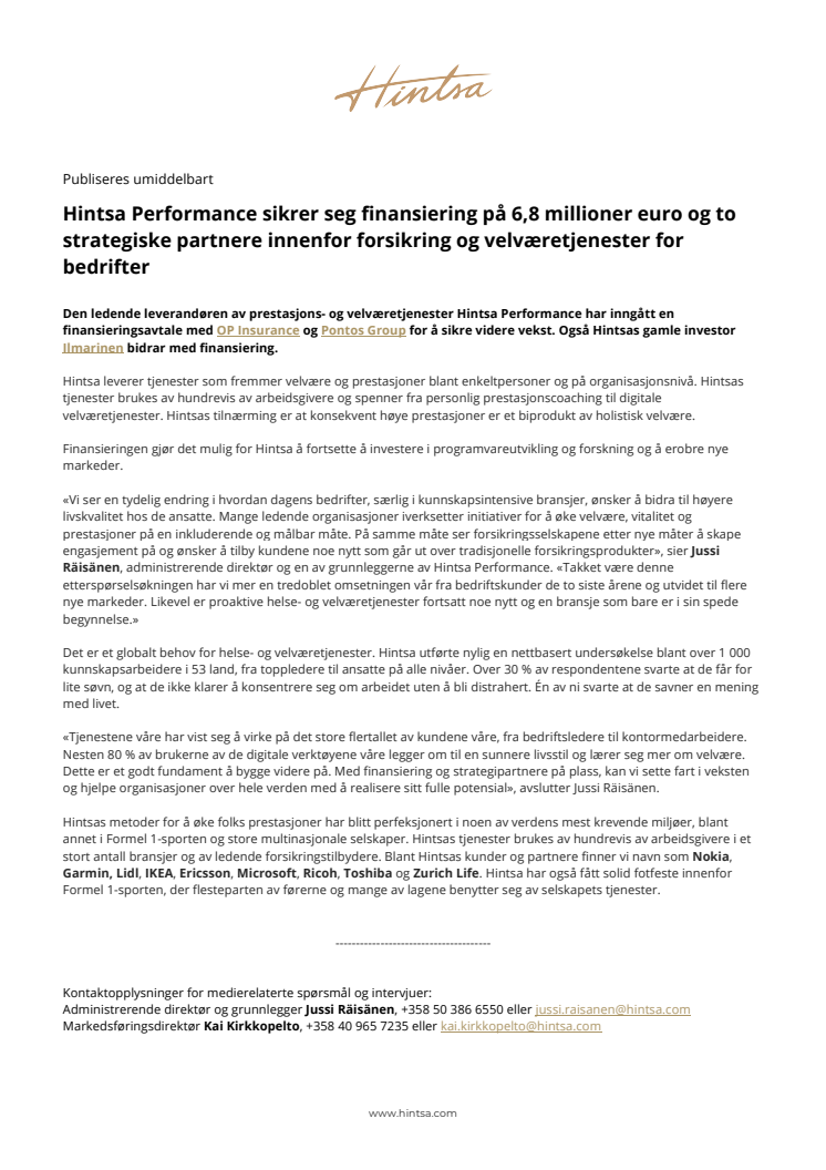 Hintsa Performance sikrer seg finansiering på 6,8 millioner euro og to strategiske partnere innenfor forsikring og velværetjenester for bedrifter