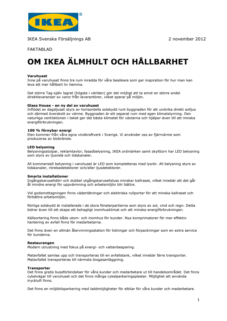 Fakta IKEA Älmhult - Hållbarhet