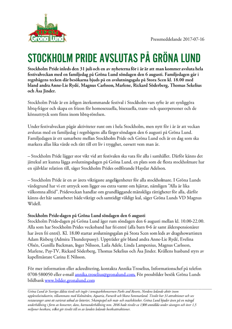 Stockholm Pride avslutas på Gröna Lund