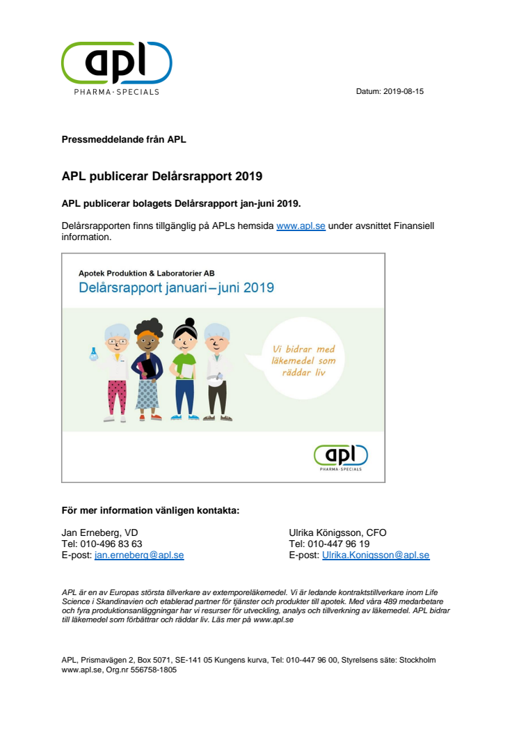 APL publicerar Delårsrapport 2019