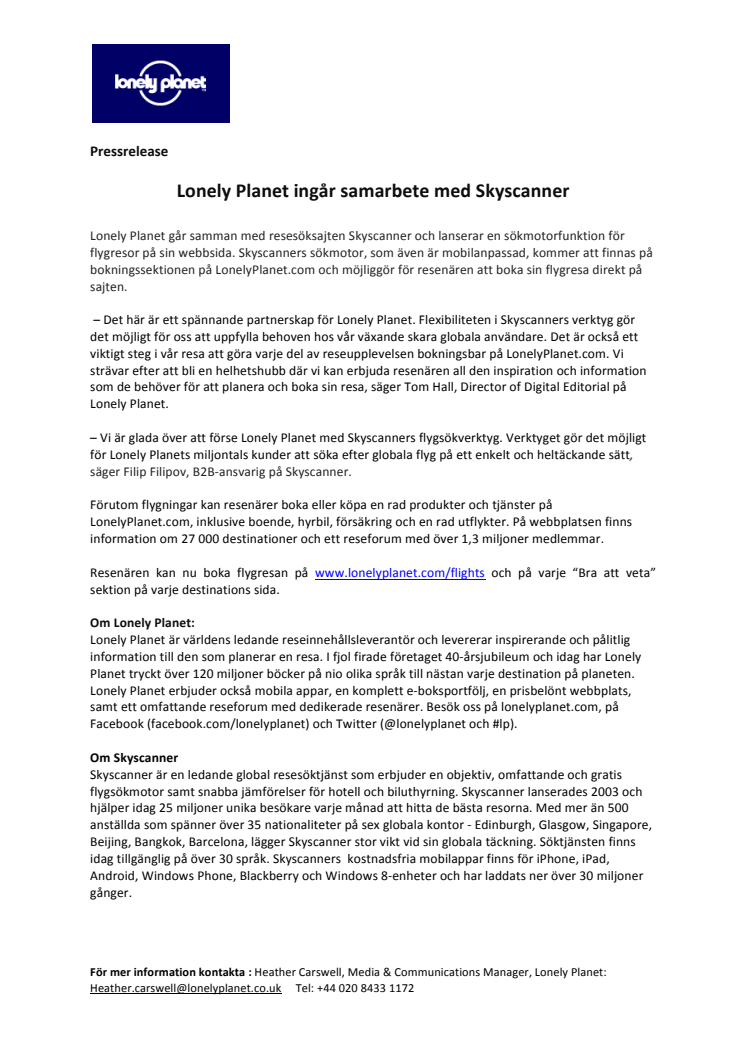 Lonely Planet ingår samarbete med Skyscanner