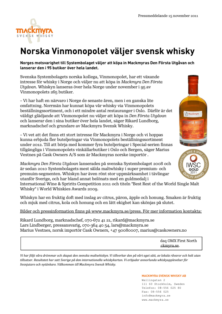Norska Vinmonopolet väljer svensk whisky 