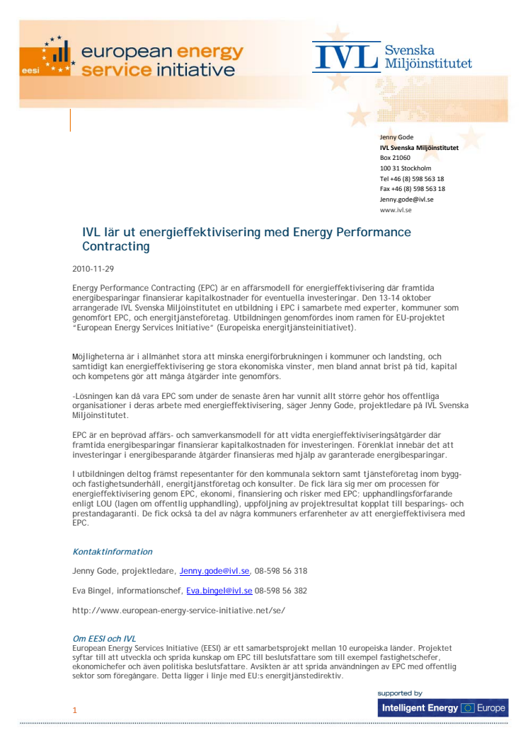 IVL lär ut energieffektivisering med Energy Performance Contracting