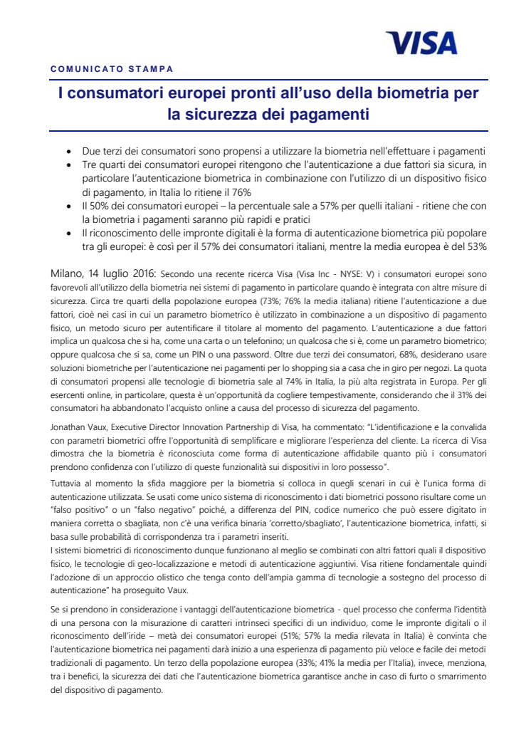 I consumatori europei pronti all’uso della biometria per la sicurezza dei pagamenti