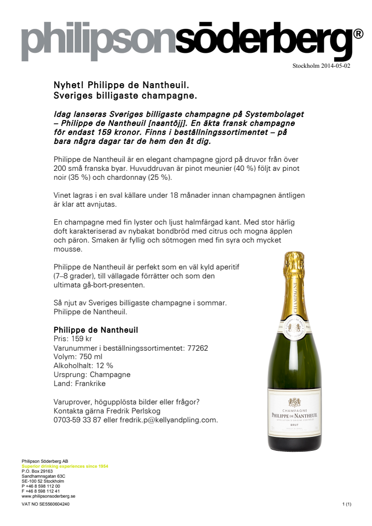 Nyhet! Philippe de Nantheuil. Sveriges billigaste champagne.
