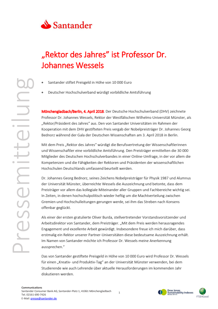 „Rektor des Jahres” ist Professor Dr. Johannes Wessels