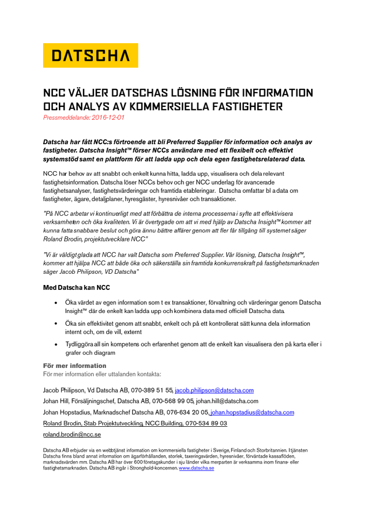 NCC väljer Datschas lösning för information och analys av kommersiella fastigheter