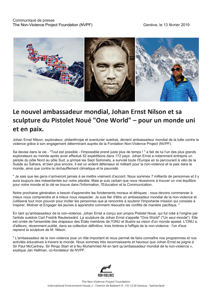 Le nouvel ambassadeur mondial, Johan Ernst Nilson et sa sculpture du Pistolet Noué "One World" – pour un monde uni et en paix.