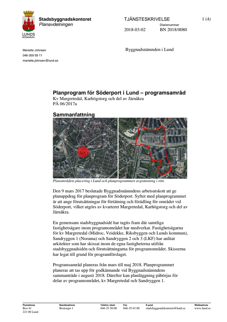 Tjänsteskrivelse, planprogram för Söderport, mars 2018