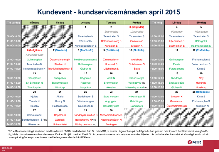 Schema för MTR:s mötesplatser under kundservicemånaden