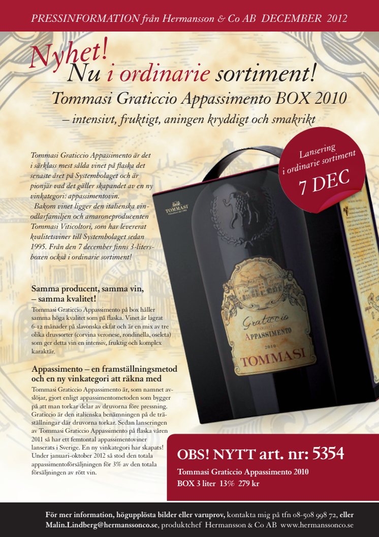 Tommasi Graticcio Appassimento BOX i ordinarie sortiment från den 7 december!