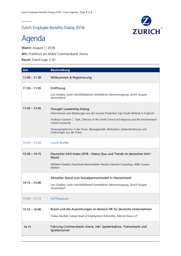 Agenda - Zurich Employee Benefits Dialog 2018