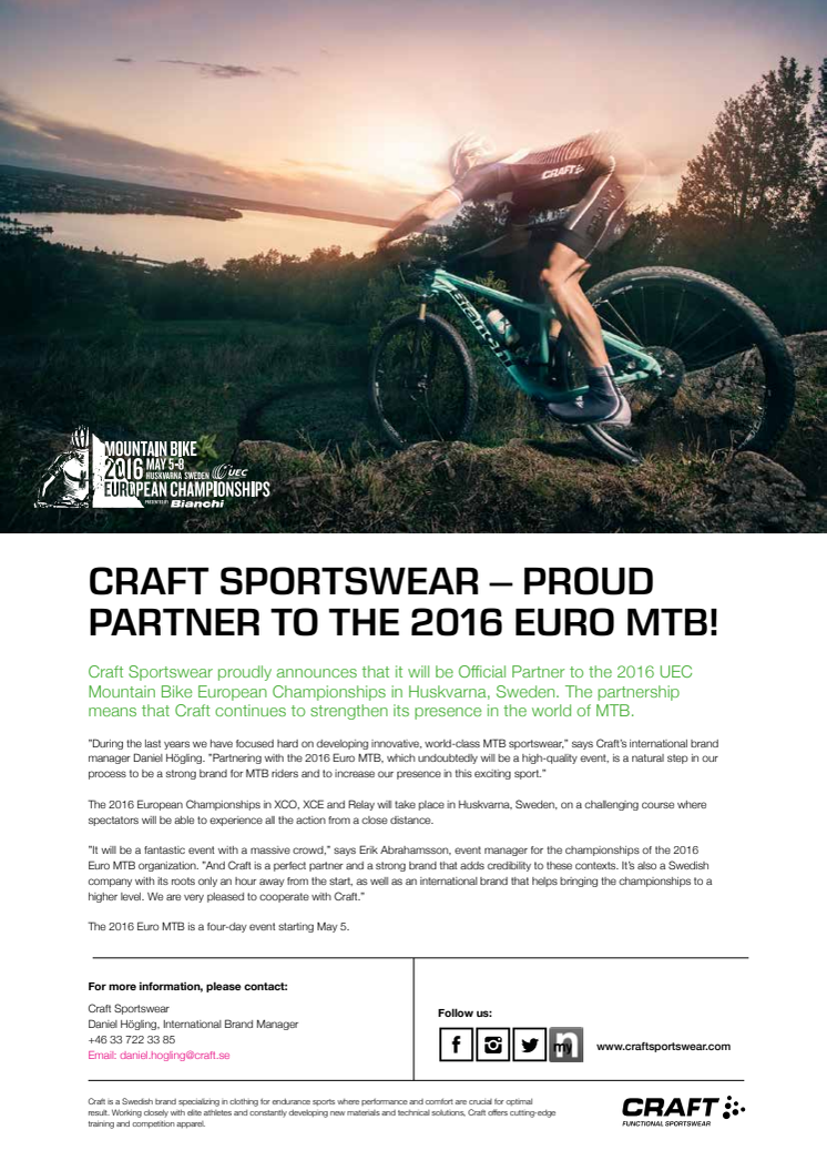 Craft Sportswear – proud partner to the 2016 Euro MTB!