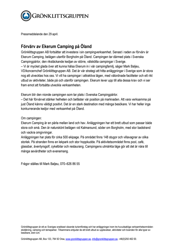 Förvärv av Ekerum Camping på Öland