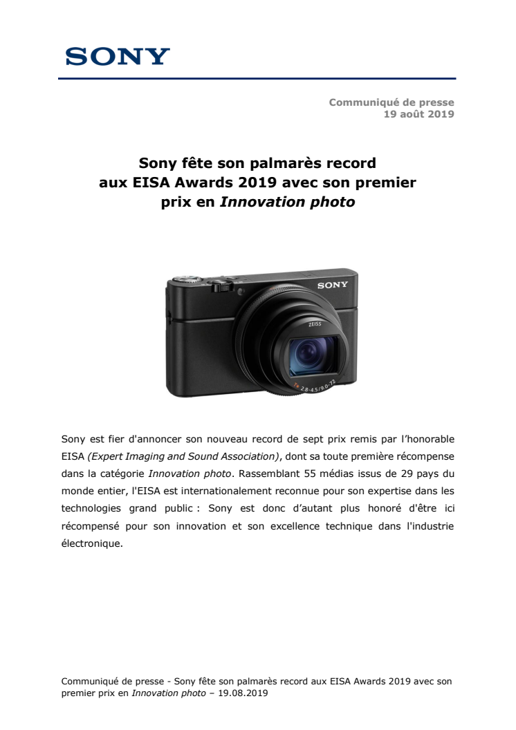  Sony fête son palmarès record  aux EISA Awards 2019 avec son premier  prix en Innovation photo