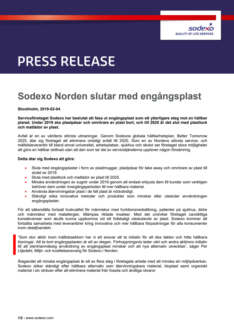 Sodexo Norden slutar med engångsplast