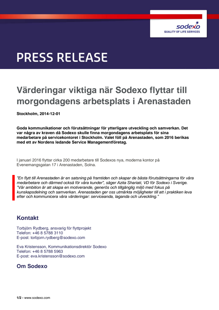 Värderingar viktiga när Sodexo flyttar till morgondagens arbetsplats i Arenastaden