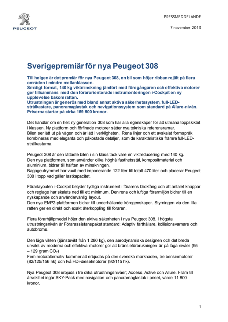 Sverigepremiär för Peugeot 308