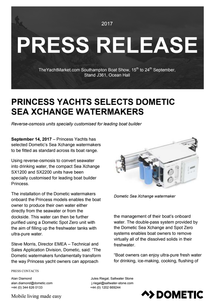 Princess Yachts Selects Dometic  Sea Xchange Watermakers