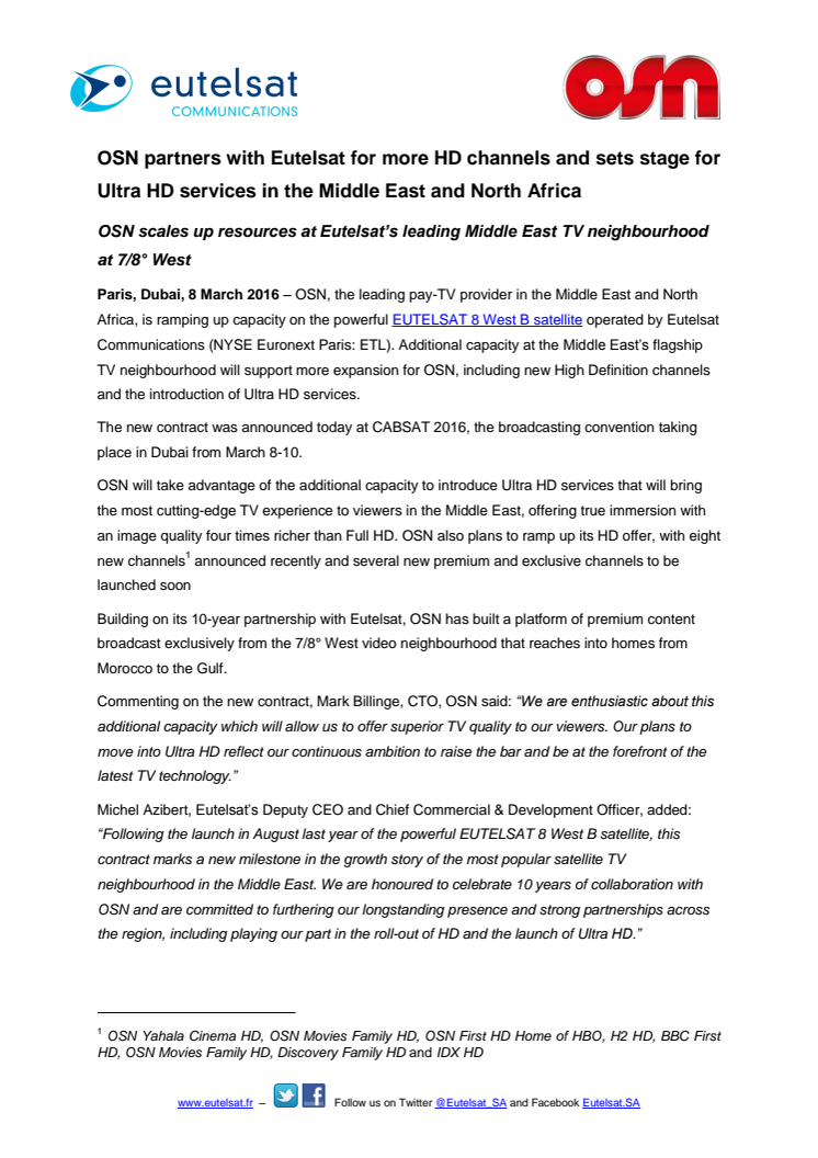 OSN partners with Eutelsat for more HD channels and sets stage for Ultra HD services in the Middle East and North Africa 