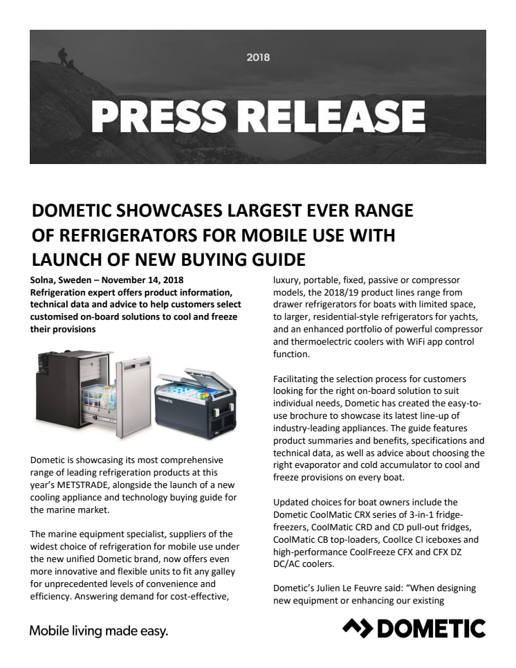 Dometic Showcases Largest Ever Range of Refrigerators with Launch of New Buying Guide