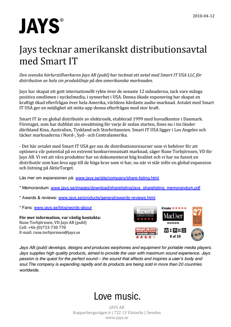 Jays tecknar amerikanskt distributionsavtal med Smart IT