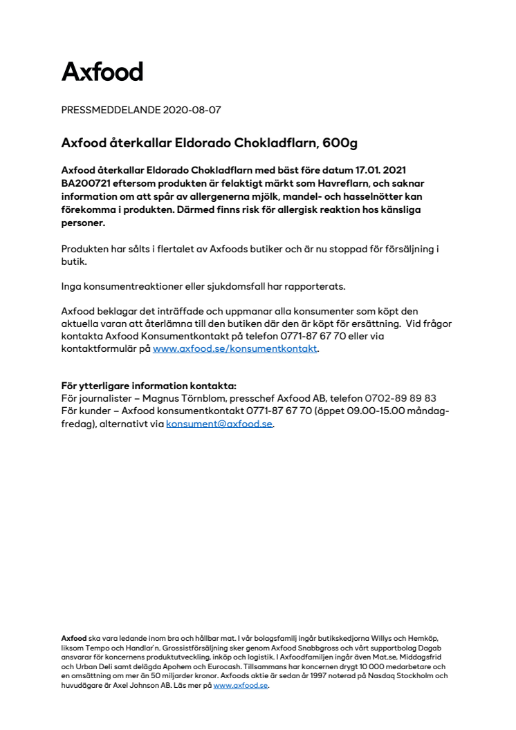 Axfood återkallar Eldorado Chokladflarn, 600g