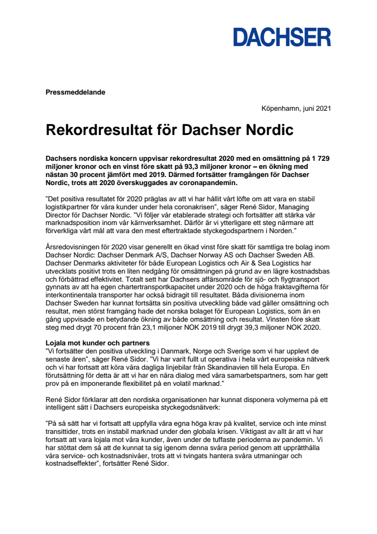 Rekordresultat för Dachser Nordic