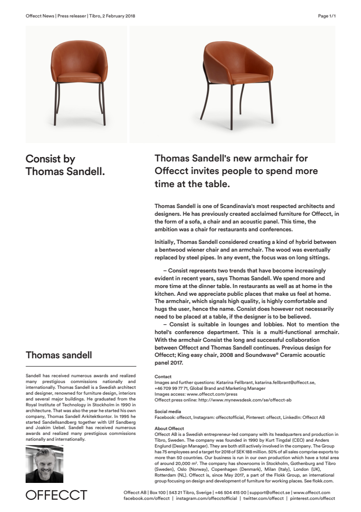 Thomas Sandell's new armchair for Offecct invites people to spend more time at the table.