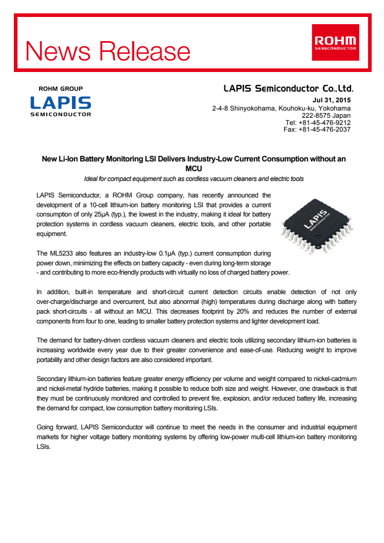 New Li-Ion Battery Monitoring LSI Delivers Industry-Low Current Consumption without an MCU -- Ideal for compact equipment such as cordless vacuum cleaners and electric tools