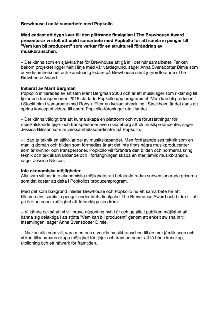 Brewhouse i unikt samarbete med Popkollo