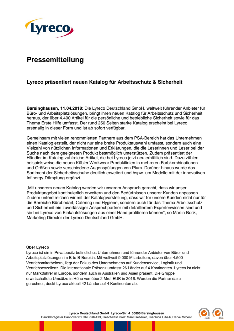 Lyreco präsentiert neuen Katalog für Arbeitsschutz & Sicherheit