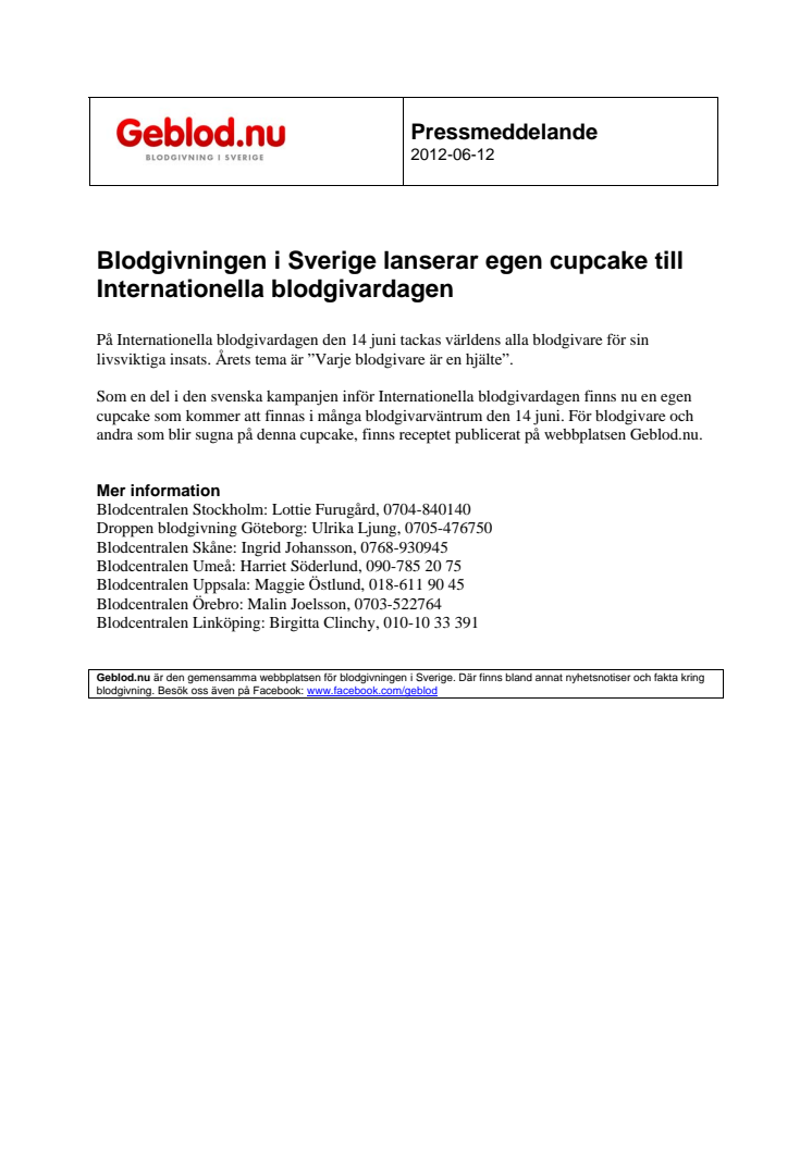 Blodgivningen i Sverige lanserar egen cupcake till Internationella blodgivardagen