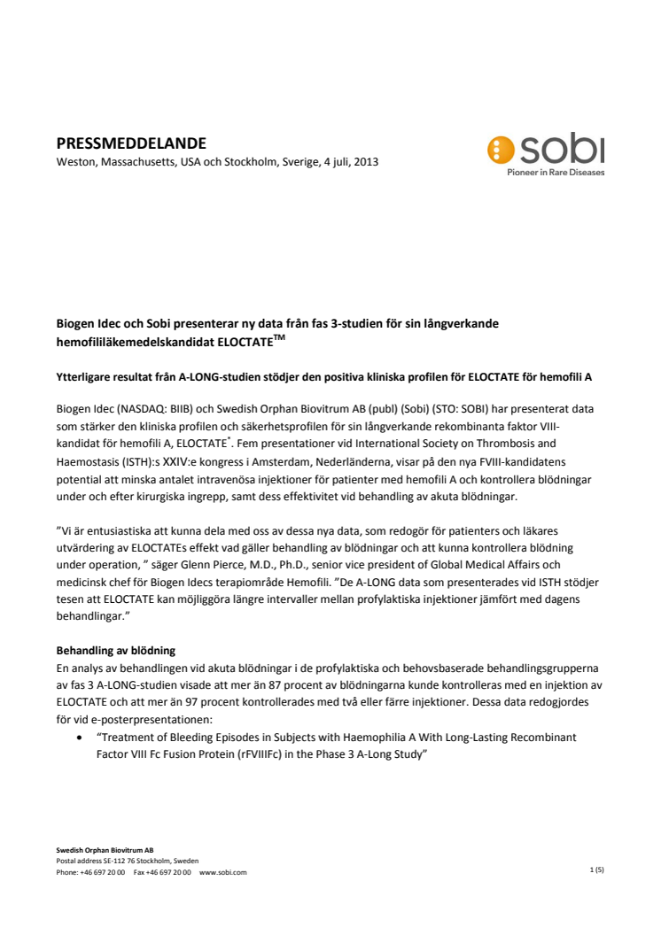 Biogen Idec och Sobi presenterar ny data från fas 3-studien för sin långverkande hemofililäkemedelskandidat ELOCTATE(TM)