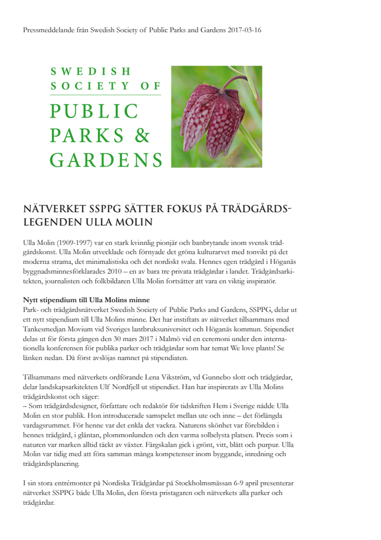 Nätverket Swedish Society of Public Parks & Gardens sätter fokus på trädgårdslegenden Ulla Molin